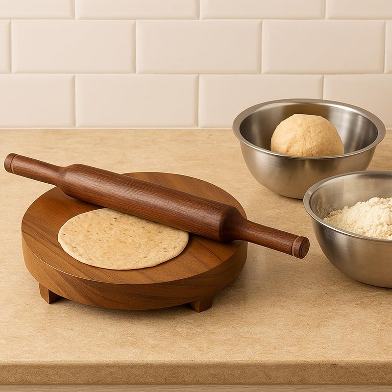DBY Wooden Chakla Belan Set for Kitchen â€“ Natural Wood Rolling Board and Pin for Chapati, Roti, Puri, Dough Rolling Board, Non-Slip Base, Handmade Smooth Finish, Indian Traditional Cookware - Image 3